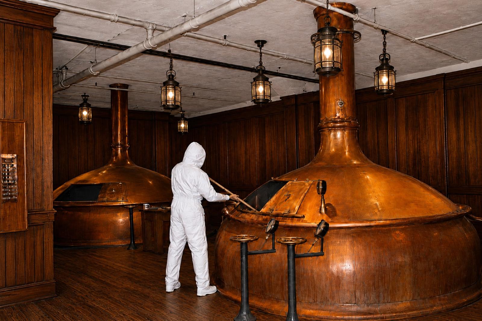 Brewery worker operating copper brew kettles during the brewing process