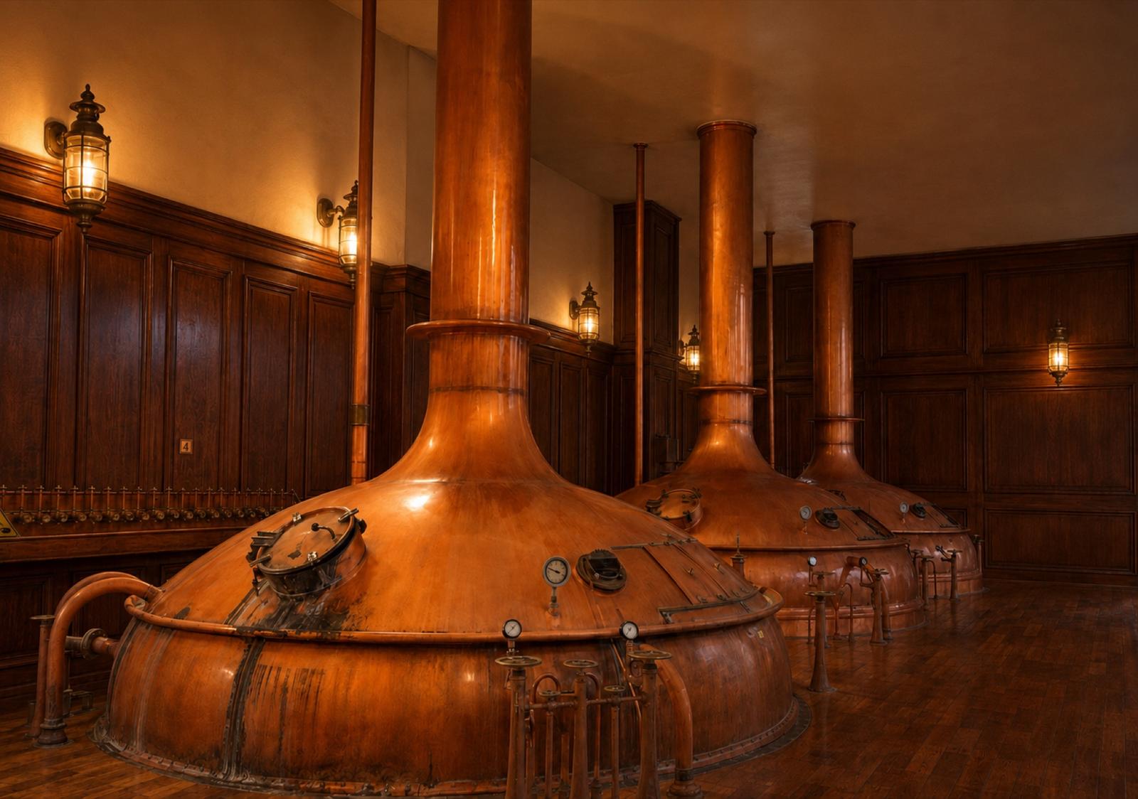 Traditional copper brew kettles inside a historic malting brewery