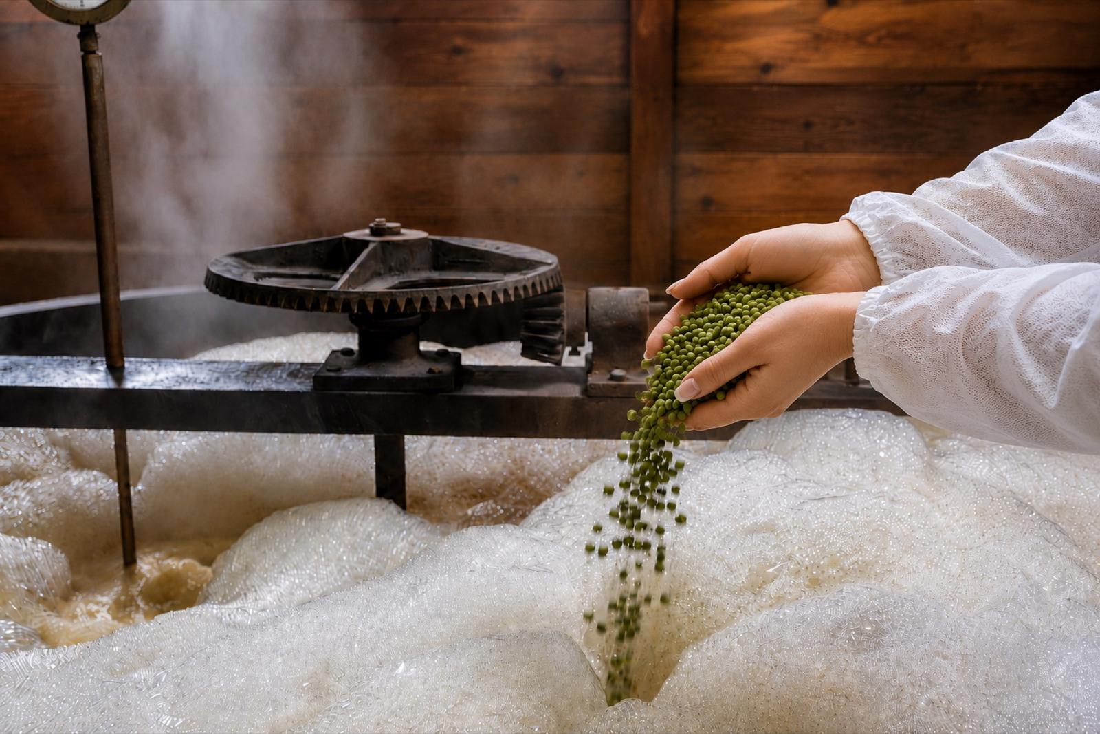 Brewing technician adding hops to a fermenting wort — the final step from malt to beer