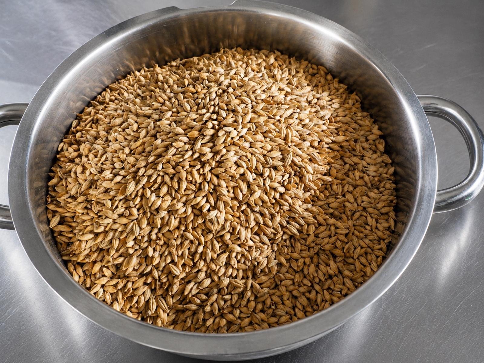 Malted barley grains in stainless steel bowl — finished malt ready for brewing