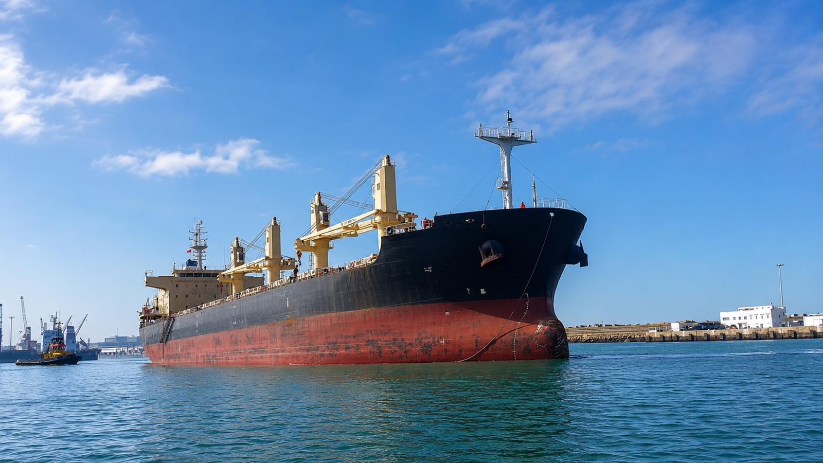 Bulk grain carrier vessel at port loading malting barley for export